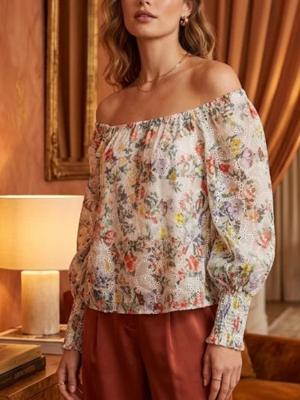 Alice + Olivia NWT White Floral Eyelet Puff-Sleeve Blouse Size Medium